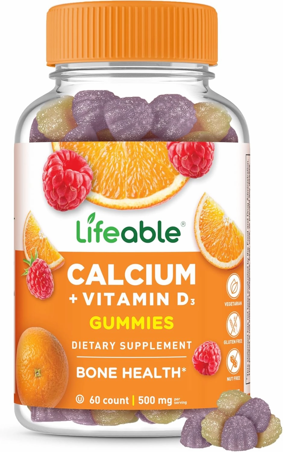 Lifeable Calcium with Vitamin D3 Gummies | Calcium 500 mg D3 1000 IU | Great Tasting Bone Strength Supplements | for Bone Health | Calcium Gummies for Women, Men | 60 Gummies