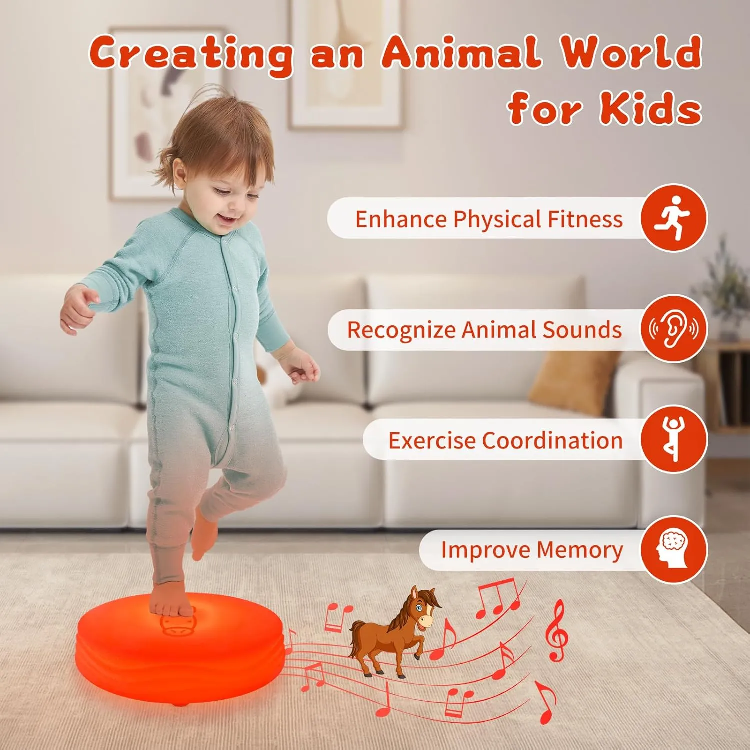 Light Up Music Floor Games, Touch Sensitive Floor Tiles Toddler Toy, Interactive Games for Kids, Musical Toys with Animal Sounds - Red (Horse)