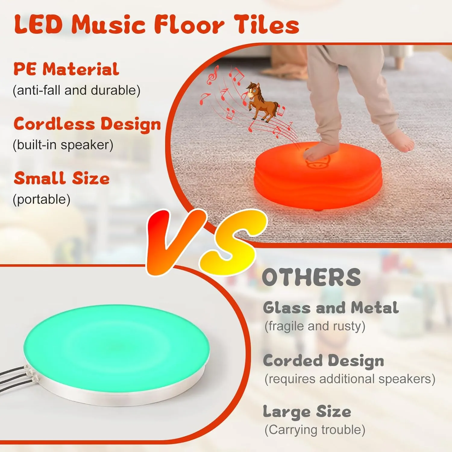 Light Up Music Floor Games, Touch Sensitive Floor Tiles Toddler Toy, Interactive Games for Kids, Musical Toys with Animal Sounds - Red (Horse)