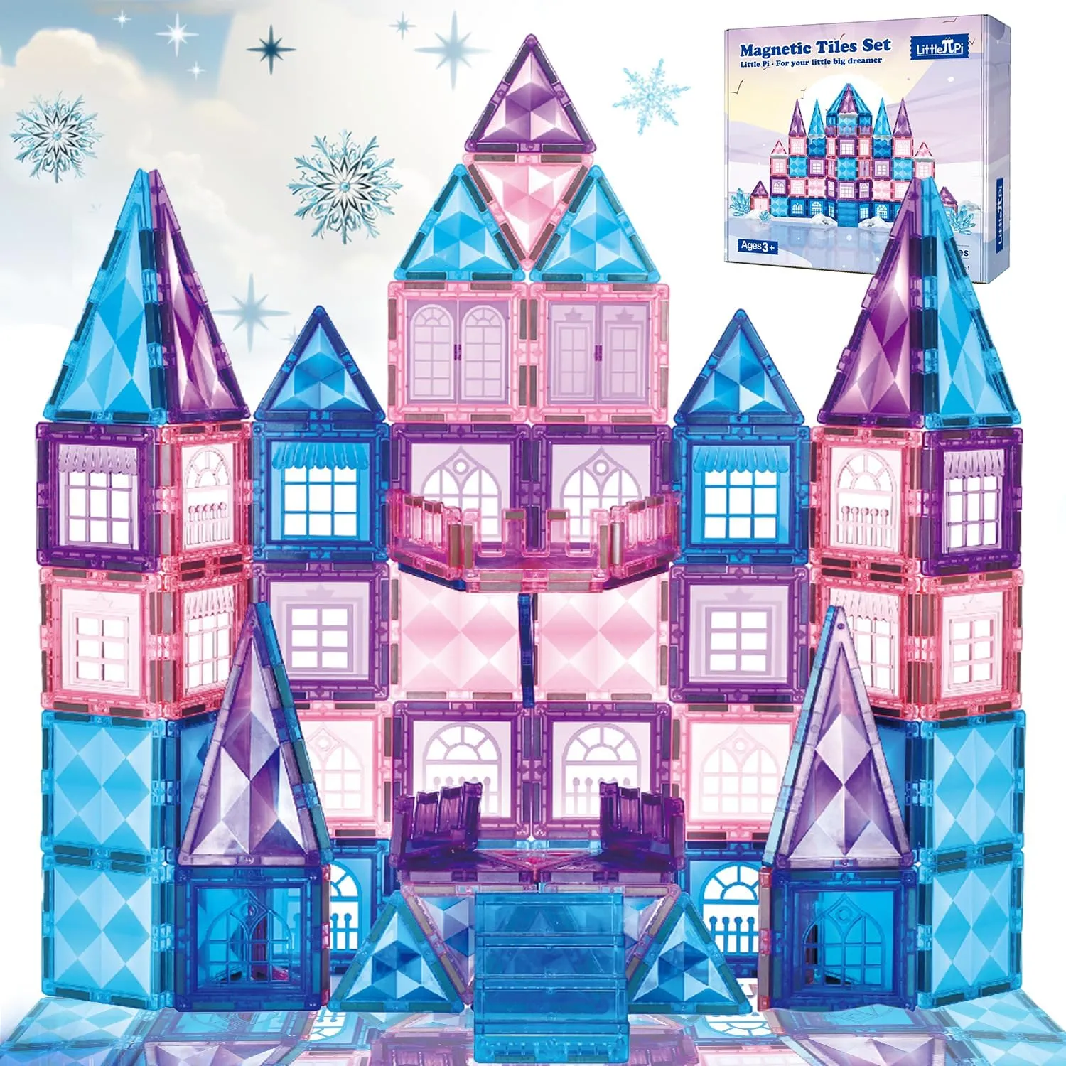 Little Pi 102pcs Frozen Princess Castle Magnetic Tiles Building Blocks - 3D Diamond Blocks, STEM Educational Toddler Toys for Pretend Play, 4 Year Old Girl Birthday Gifts Kids Ages 3 5 6 7 8 - Blue