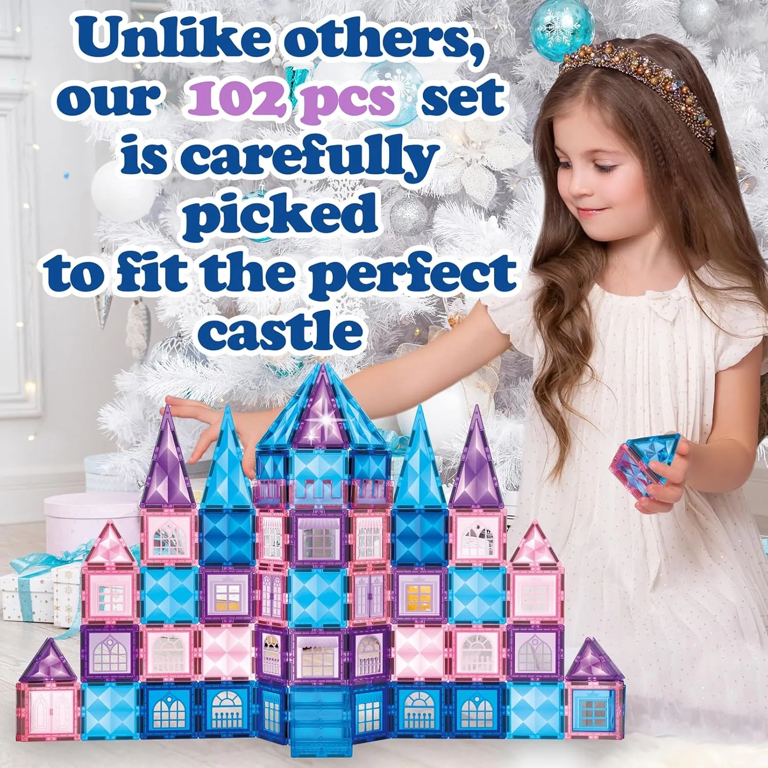 Little Pi 102pcs Frozen Princess Castle Magnetic Tiles Building Blocks - 3D Diamond Blocks, STEM Educational Toddler Toys for Pretend Play, 4 Year Old Girl Birthday Gifts Kids Ages 3 5 6 7 8 - Blue