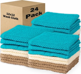 Living Fashions Washcloths Set of 24 - Popcorn Weave Wash Cloth Designed to Exfoliate Your Hands, Body or Face - Absorbent 100% Ring Spun Cotton - Size 12" X 12" - Colors Teal, Cream & Taupe