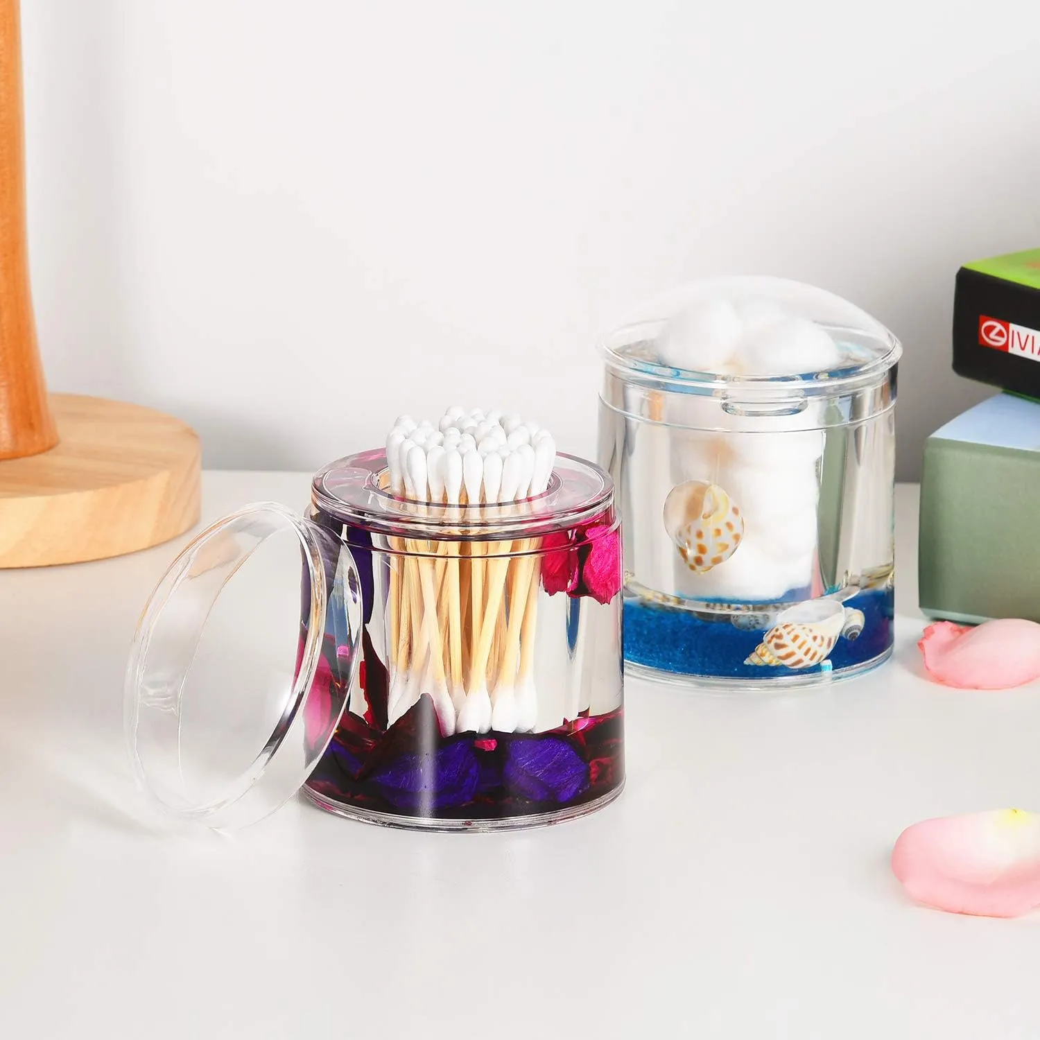 Locco Decor Acrylic Liquid 3D Floating Motion Round Qtip Cotton Ball Swab Holder Dispenser with Lid Wood