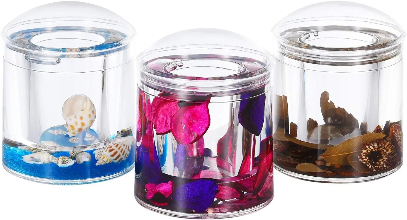 Locco Decor Acrylic Liquid 3D Floating Motion Round Qtip Cotton Ball Swab Holder Dispenser with Lid Wood