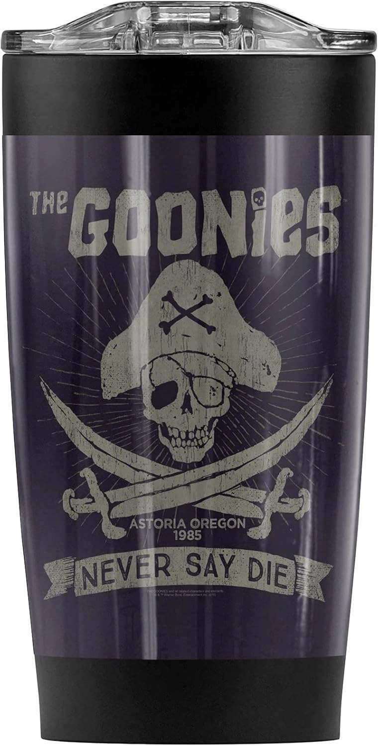 LOGOVISION The Goonies Never Say Die Stainless Steel Tumbler 20 oz Coffee Travel Mug/Cup, Vacuum Insulated & Double Wall with Leakproof Sliding Lid | Great for Hot Drinks and Cold Beverages