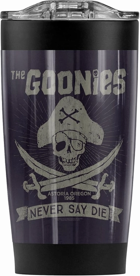 LOGOVISION The Goonies Never Say Die Stainless Steel Tumbler 20 oz Coffee Travel Mug/Cup, Vacuum Insulated & Double Wall with Leakproof Sliding Lid | Great for Hot Drinks and Cold Beverages