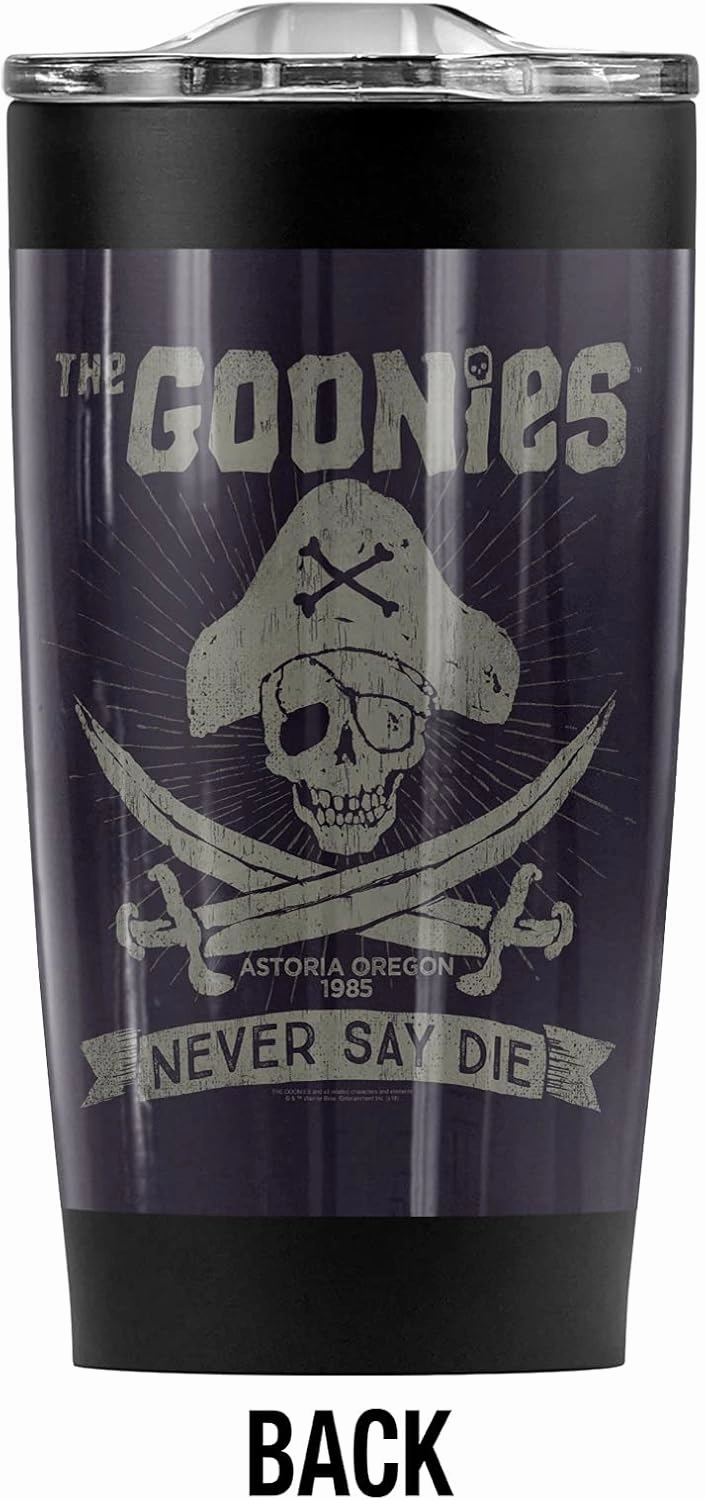 LOGOVISION The Goonies Never Say Die Stainless Steel Tumbler 20 oz Coffee Travel Mug/Cup, Vacuum Insulated & Double Wall with Leakproof Sliding Lid | Great for Hot Drinks and Cold Beverages