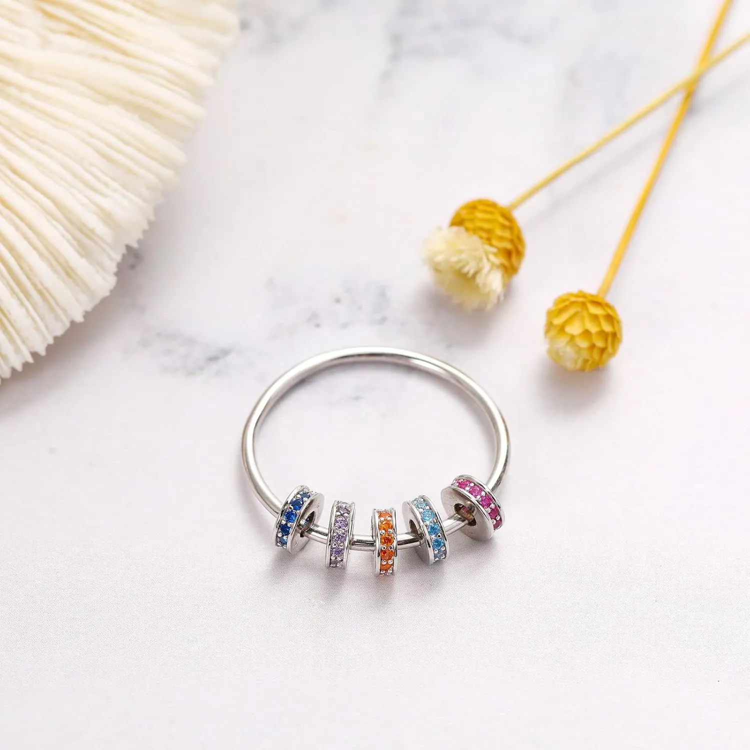 LOVECOM S925 Sterling Silver Fidget Anti Anxiety Rings With Cubic Zirconia Beads Spinner Ring for Women 14k Gold Plated Stress Relief Spinning Ring Jewelry Christmas Gifts for Mom to Daughter
