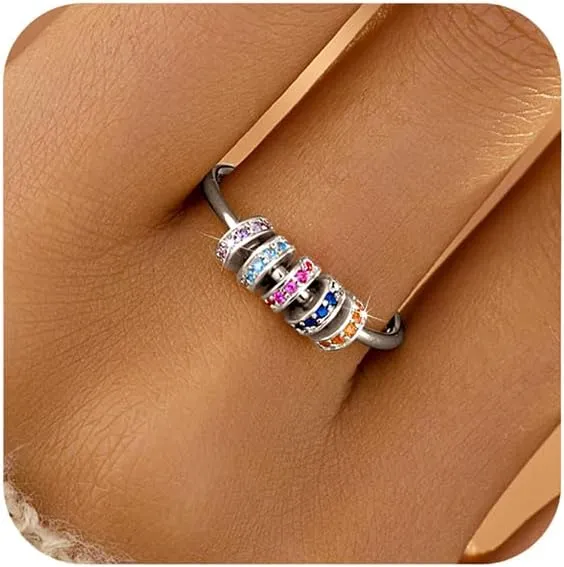 LOVECOM S925 Sterling Silver Fidget Anti Anxiety Rings With Cubic Zirconia Beads Spinner Ring for Women 14k Gold Plated Stress Relief Spinning Ring Jewelry Christmas Gifts for Mom to Daughter