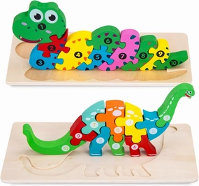 LOVESTOWN Wooden Toddler Puzzles, 2PCS Animal Puzzles Montessori Toys Small Snake Dinosaur Jigsaws for Kids Ages 3 4 5 6