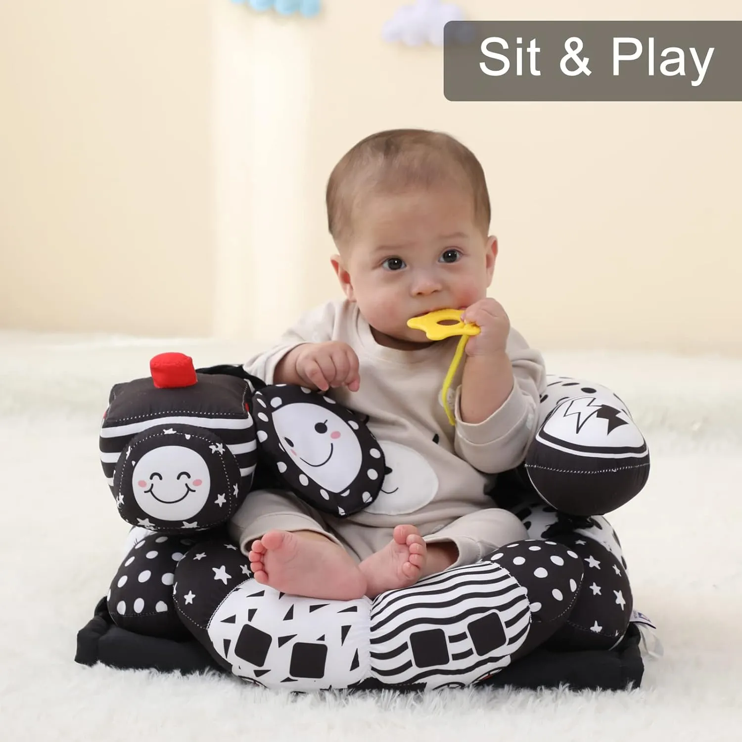 Lovvie & Joy 2-in-1 Tummy Time Mat & Seated Support Pillow,Baby Tummy Time Pillow Support for Newborns and Older Babies,with Detachable Support Pillow and Toys