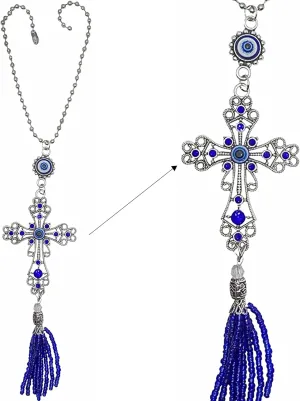 LUCKBOOSTIUM Cross w/Crystal & Evil Eye Hanging Tassel Ornament Things to Hang in Car Mirror, Wall, Home, Office Door for Protection Rear View Mirror Accessories Gift for Men & Women (Ball Chain)