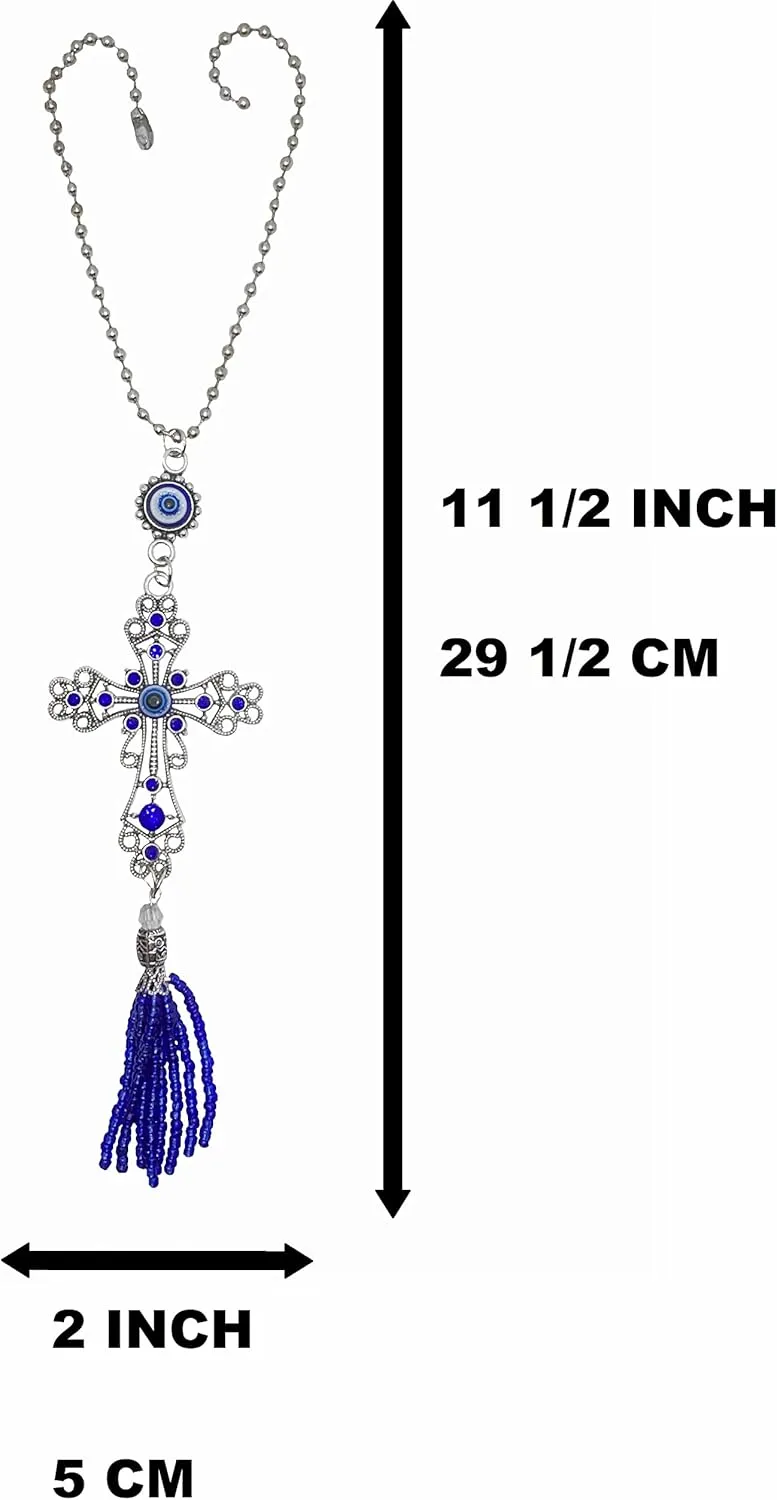 LUCKBOOSTIUM Cross w/Crystal & Evil Eye Hanging Tassel Ornament Things to Hang in Car Mirror, Wall, Home, Office Door for Protection Rear View Mirror Accessories Gift for Men & Women (Ball Chain)