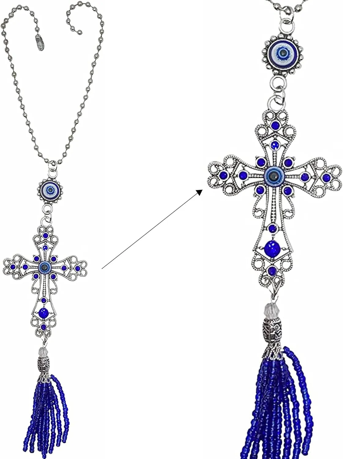 LUCKBOOSTIUM Cross w/Crystal & Evil Eye Hanging Tassel Ornament Things to Hang in Car Mirror, Wall, Home, Office Door for Protection Rear View Mirror Accessories Gift for Men & Women (Ball Chain)