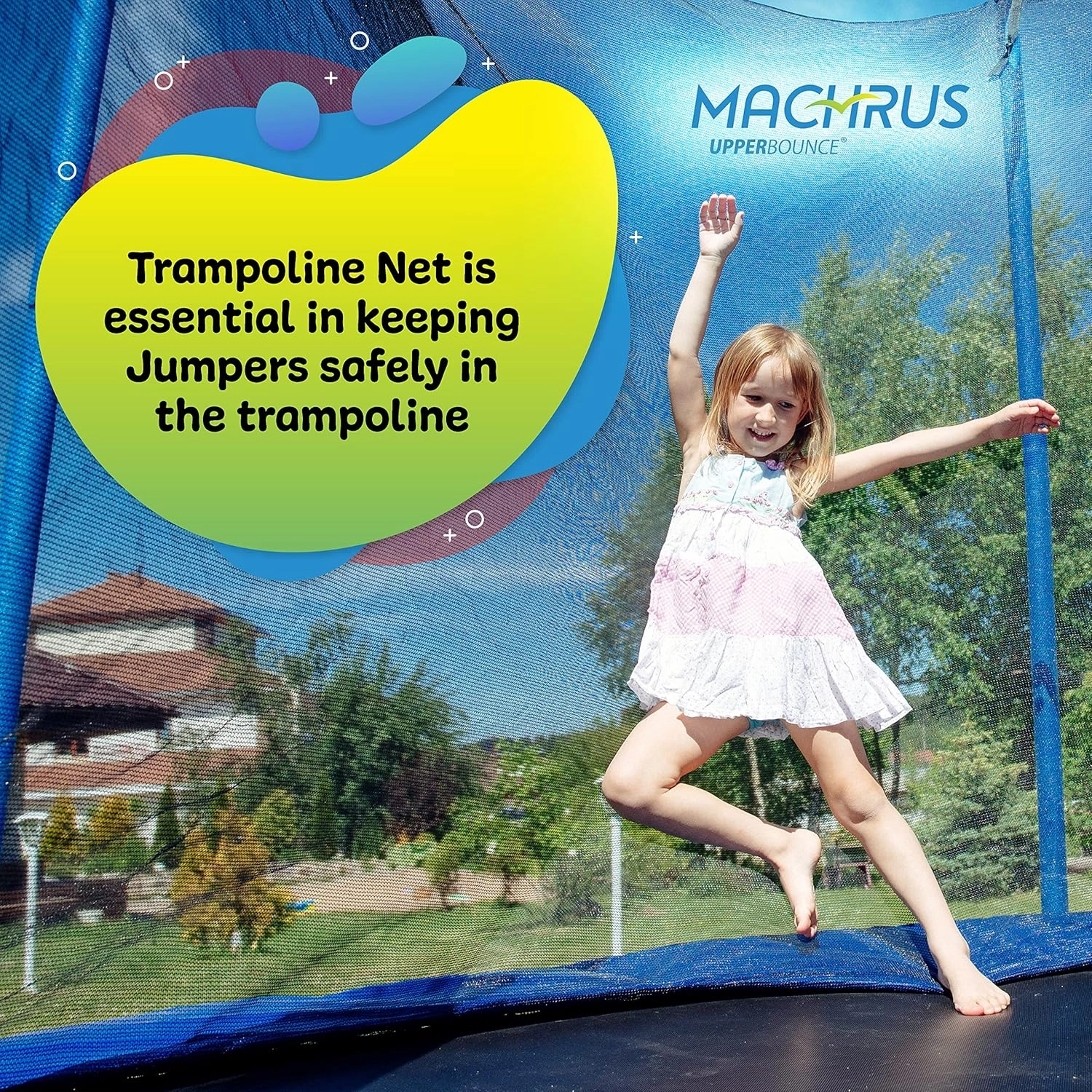 Machrus Upper Bounce Trampoline Net Replacement 8FT 10FT 11FT 12FT 13FT 14FT 15FT 17FT- Safety Net for Top-Ring Flex Enclosure System Curved Poles Round Trampoline