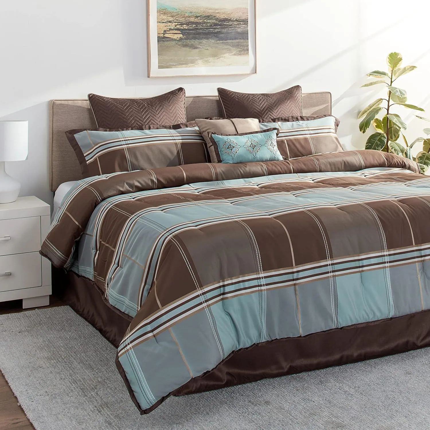 Madison Park Cozy Comforter Set Casual Modern Design All Season, Matching Bed Skirt, Decorative Pillows, King(104"x92"), Brown, 8 Piece (MP10-112)