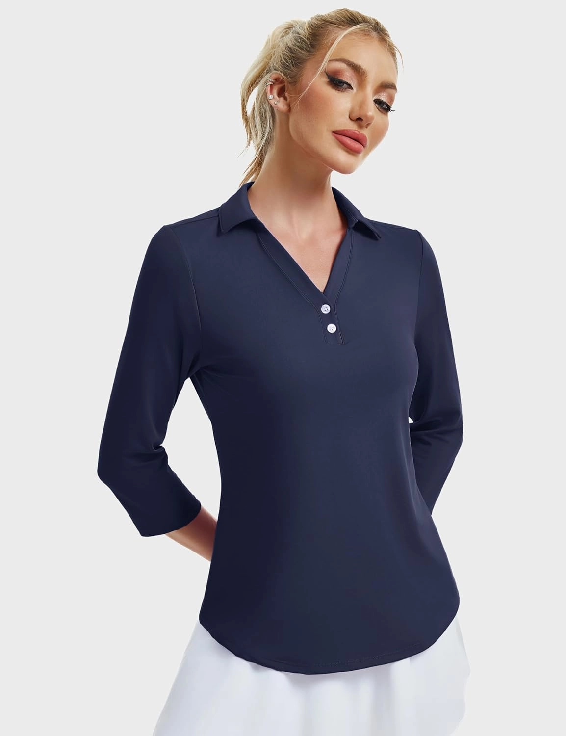 MAGCOMSEN Women's UPF 50  3/4 Long Sleeve Polo Shirt Collared V Neck Golf Shirts Quick Dry Casual Work Moisture Wicking