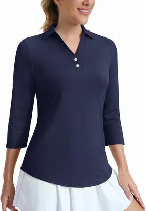 MAGCOMSEN Women's UPF 50  3/4 Long Sleeve Polo Shirt Collared V Neck Golf Shirts Quick Dry Casual Work Moisture Wicking