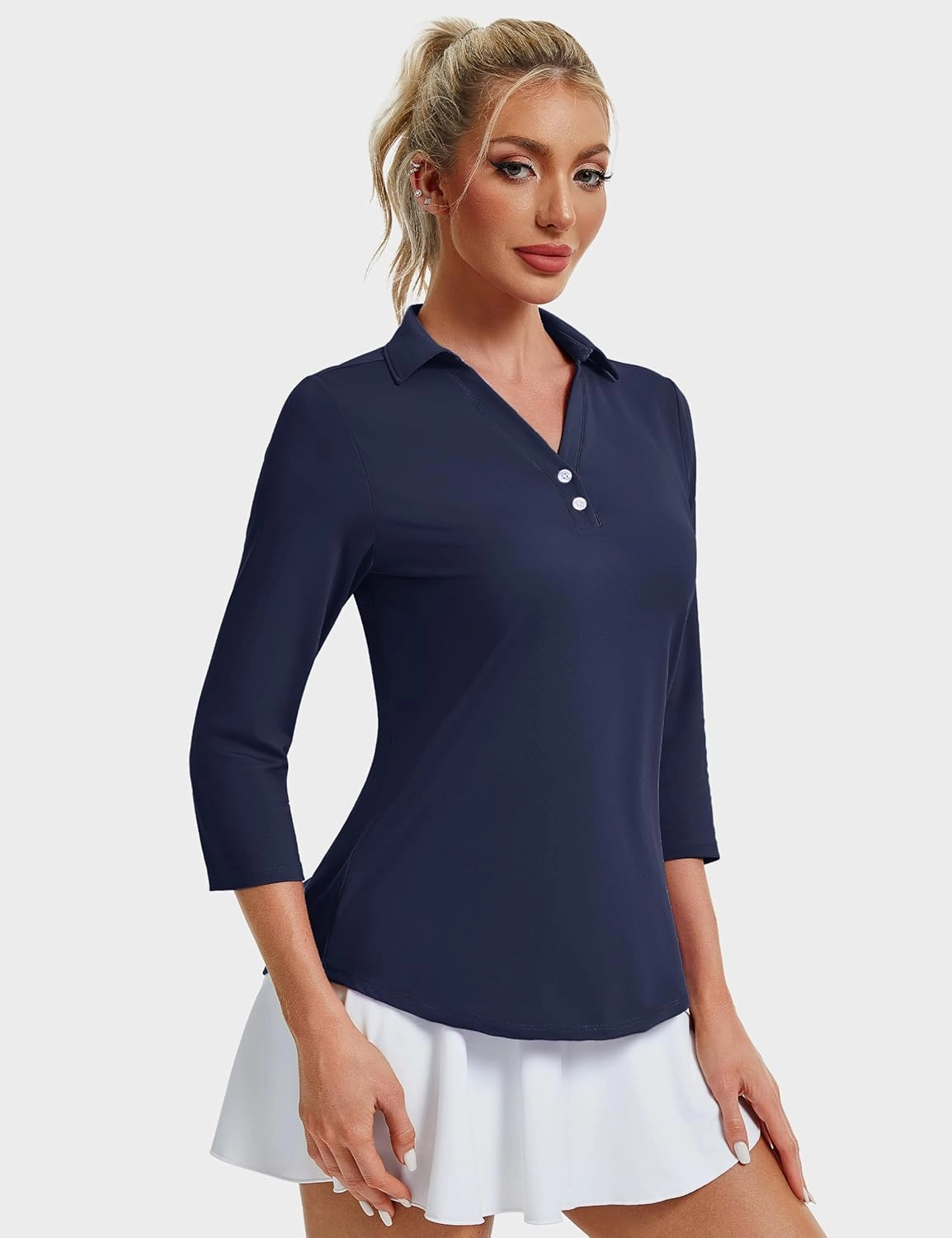 MAGCOMSEN Women's UPF 50  3/4 Long Sleeve Polo Shirt Collared V Neck Golf Shirts Quick Dry Casual Work Moisture Wicking