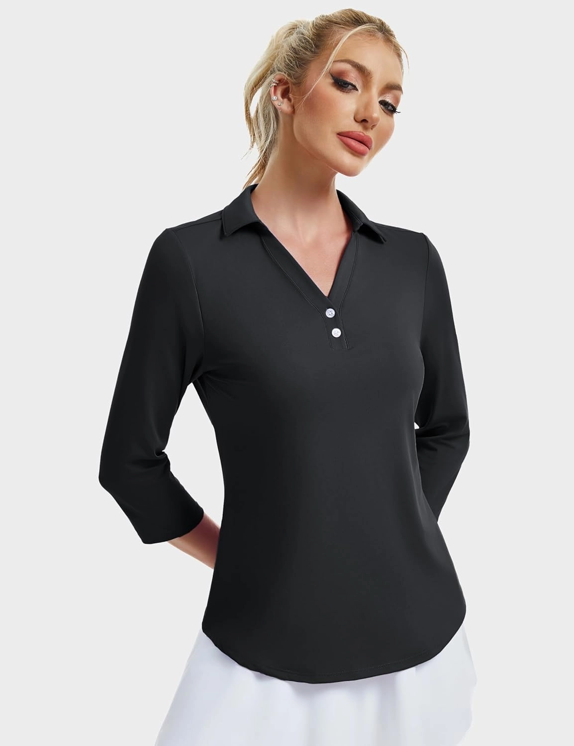 MAGCOMSEN Women's UPF 50  3/4 Long Sleeve Polo Shirt Collared V Neck Golf Shirts Quick Dry Casual Work Moisture Wicking