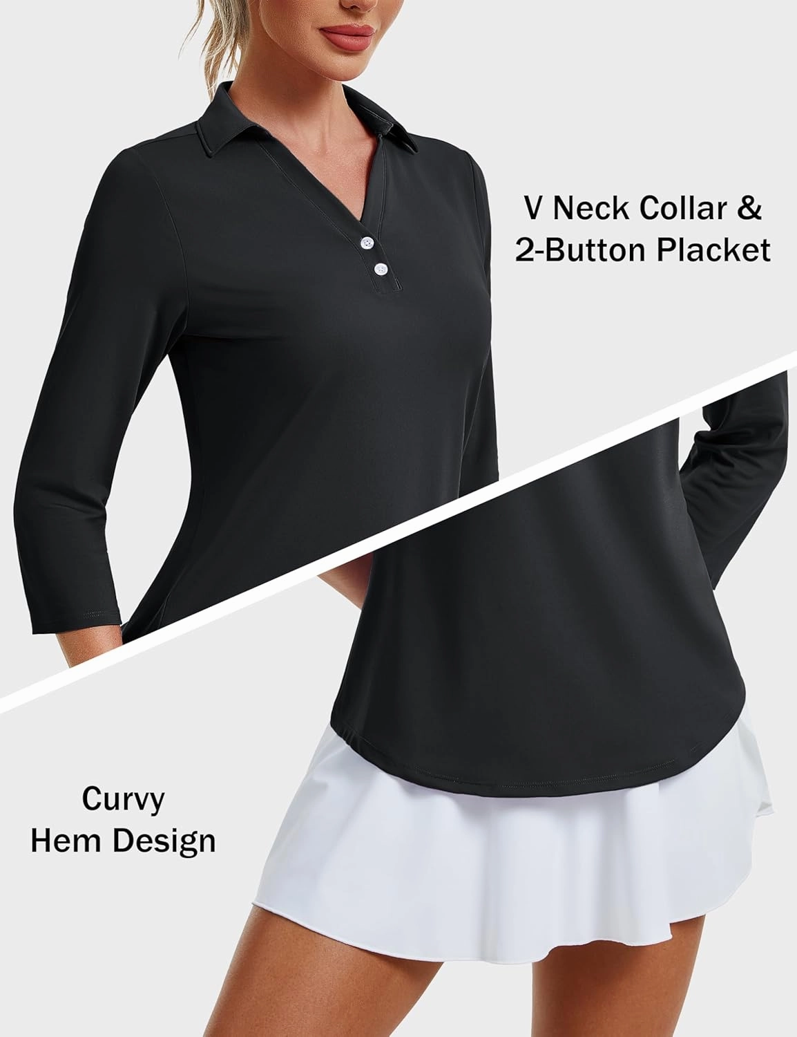 MAGCOMSEN Women's UPF 50  3/4 Long Sleeve Polo Shirt Collared V Neck Golf Shirts Quick Dry Casual Work Moisture Wicking