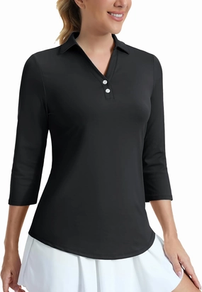 MAGCOMSEN Women's UPF 50  3/4 Long Sleeve Polo Shirt Collared V Neck Golf Shirts Quick Dry Casual Work Moisture Wicking