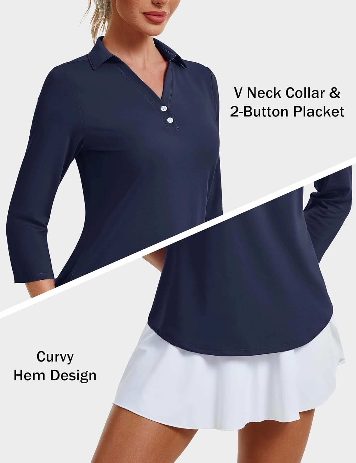 MAGCOMSEN Women's UPF 50  3/4 Long Sleeve Polo Shirt Collared V Neck Golf Shirts Quick Dry Casual Work Moisture Wicking