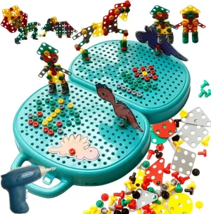 Magic Montessori Play Toolbox with Drill, 206pcs Design and Drill Screw Toy Kids Tool Set, STEM Dino Themed Portable Creativity Building DIY Gift Toy for Kids Ages 3  Boys & Girls