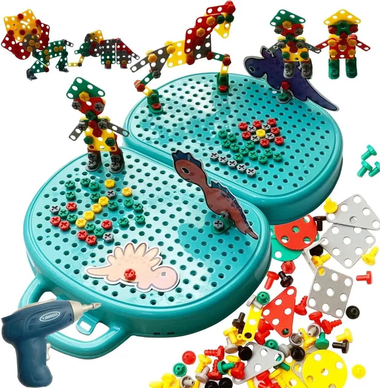 Magic Montessori Play Toolbox with Drill, 206pcs Design and Drill Screw Toy Kids Tool Set, STEM Dino Themed Portable Creativity Building DIY Gift Toy for Kids Ages 3  Boys & Girls
