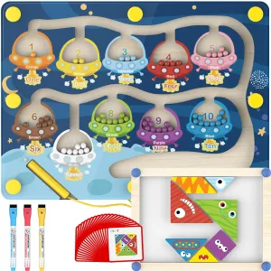 Magnetic Color & Number Maze Toy - Interactive Montessori Learning Board with Whiteboard, 3 Watercolor Pens, and Monster Puzzle for Kids Ages 3 