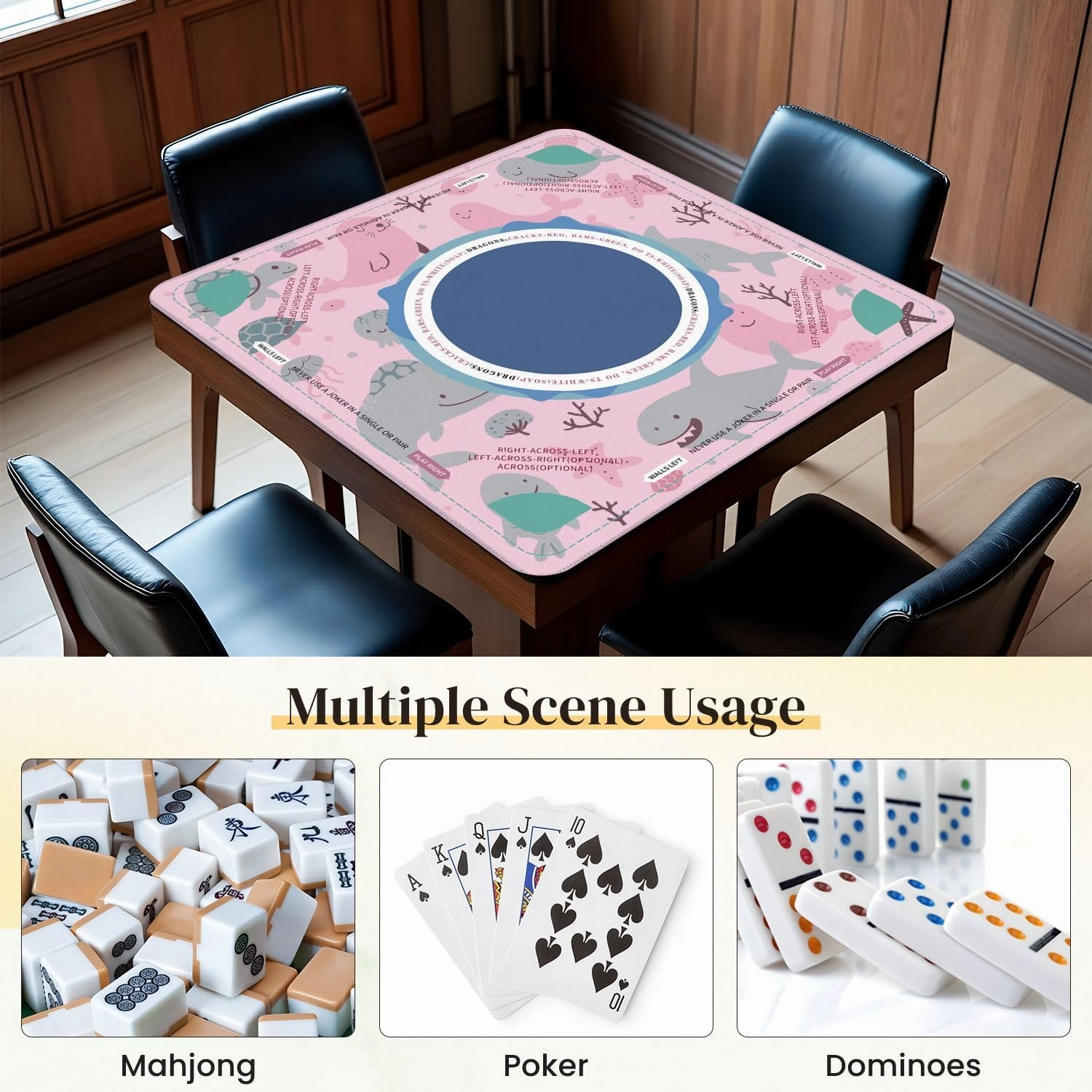 Mahjong Mat for Table Sea Animals Fish Seamless Simple Cartoon Hand Drawn Style 31.5" x 31.5" Non-Slip Noise-Reducing Game Mat Premium Mahjong Accessories for Poker Dominoes Board Games