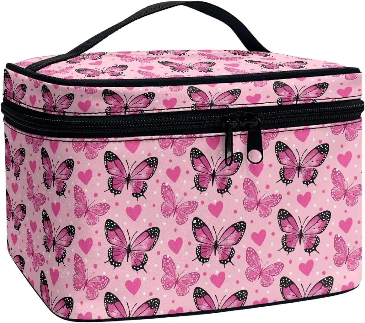 Make up Organizer for Women Pink Butterfly Cosmetic Storage Bag Lightweight Make up Bag Trendy Cosmetic Trable Bag Portable Retro Toiletry Bag with Handle