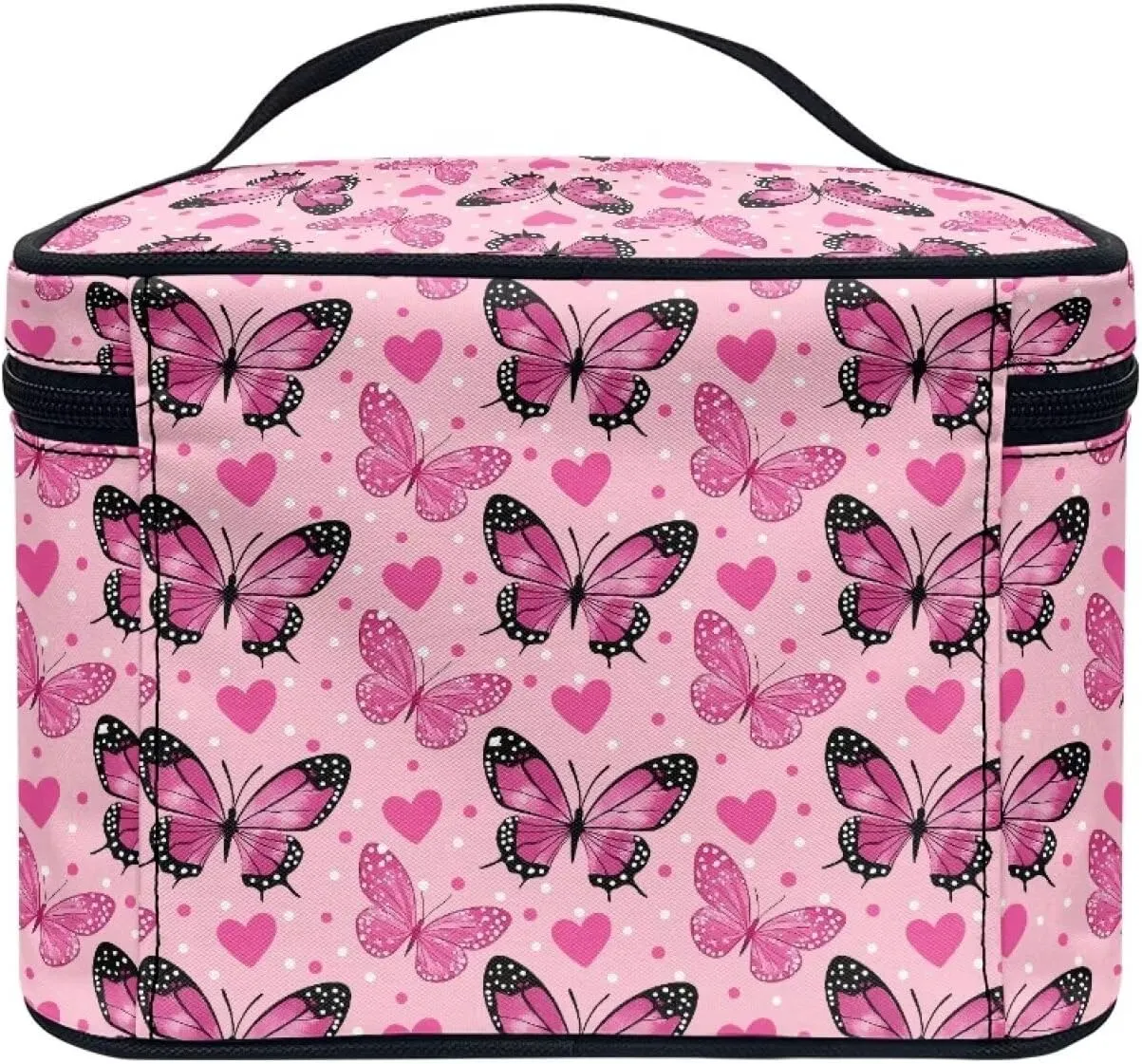 Make up Organizer for Women Pink Butterfly Cosmetic Storage Bag Lightweight Make up Bag Trendy Cosmetic Trable Bag Portable Retro Toiletry Bag with Handle