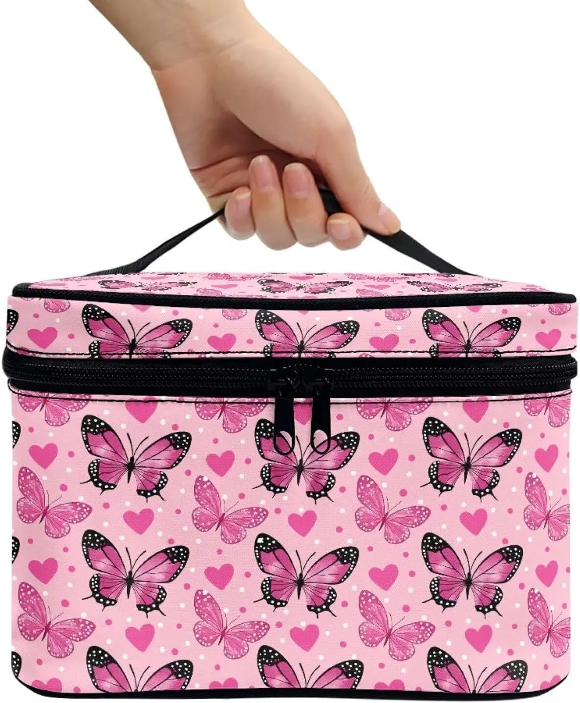 Make up Organizer for Women Pink Butterfly Cosmetic Storage Bag Lightweight Make up Bag Trendy Cosmetic Trable Bag Portable Retro Toiletry Bag with Handle