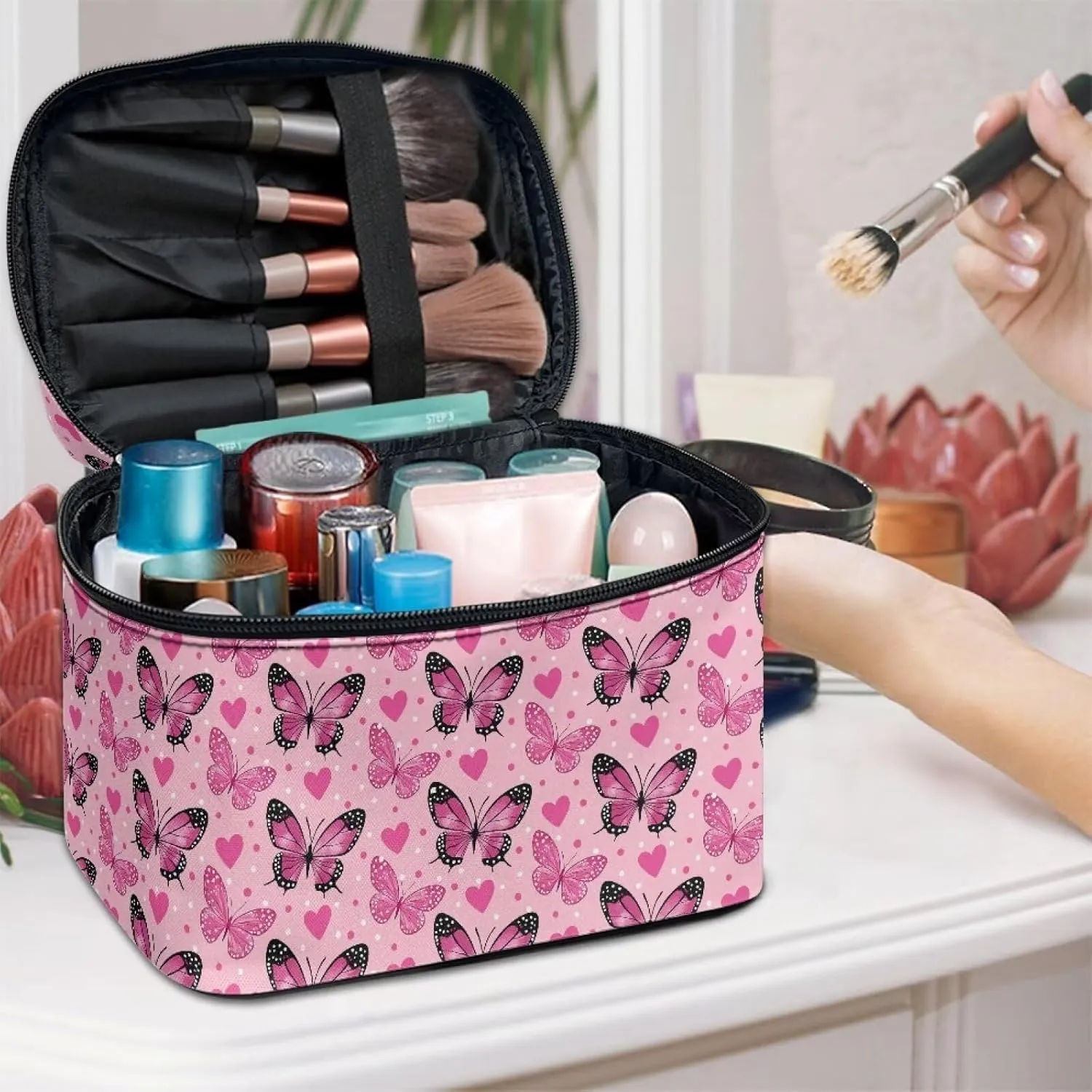 Make up Organizer for Women Pink Butterfly Cosmetic Storage Bag Lightweight Make up Bag Trendy Cosmetic Trable Bag Portable Retro Toiletry Bag with Handle