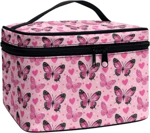 Make up Organizer for Women Pink Butterfly Cosmetic Storage Bag Lightweight Make up Bag Trendy Cosmetic Trable Bag Portable Retro Toiletry Bag with Handle