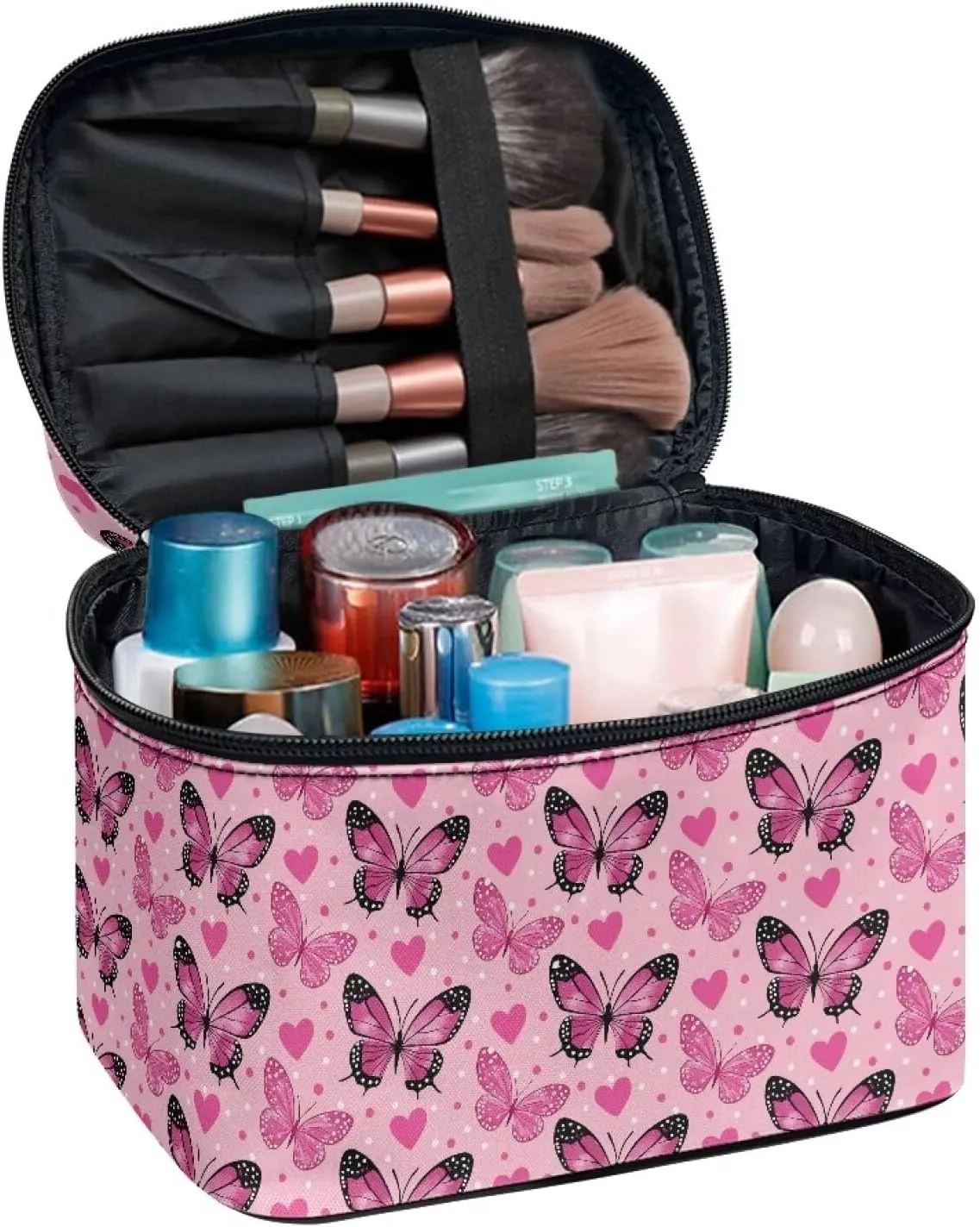 Make up Organizer for Women Pink Butterfly Cosmetic Storage Bag Lightweight Make up Bag Trendy Cosmetic Trable Bag Portable Retro Toiletry Bag with Handle