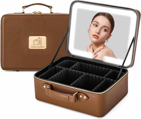 Makeup Bag with LDE Mirror- Portable Cosmetic Organizer for Travel Large Capacity Cosmetic Bag Storage Box (Brown)