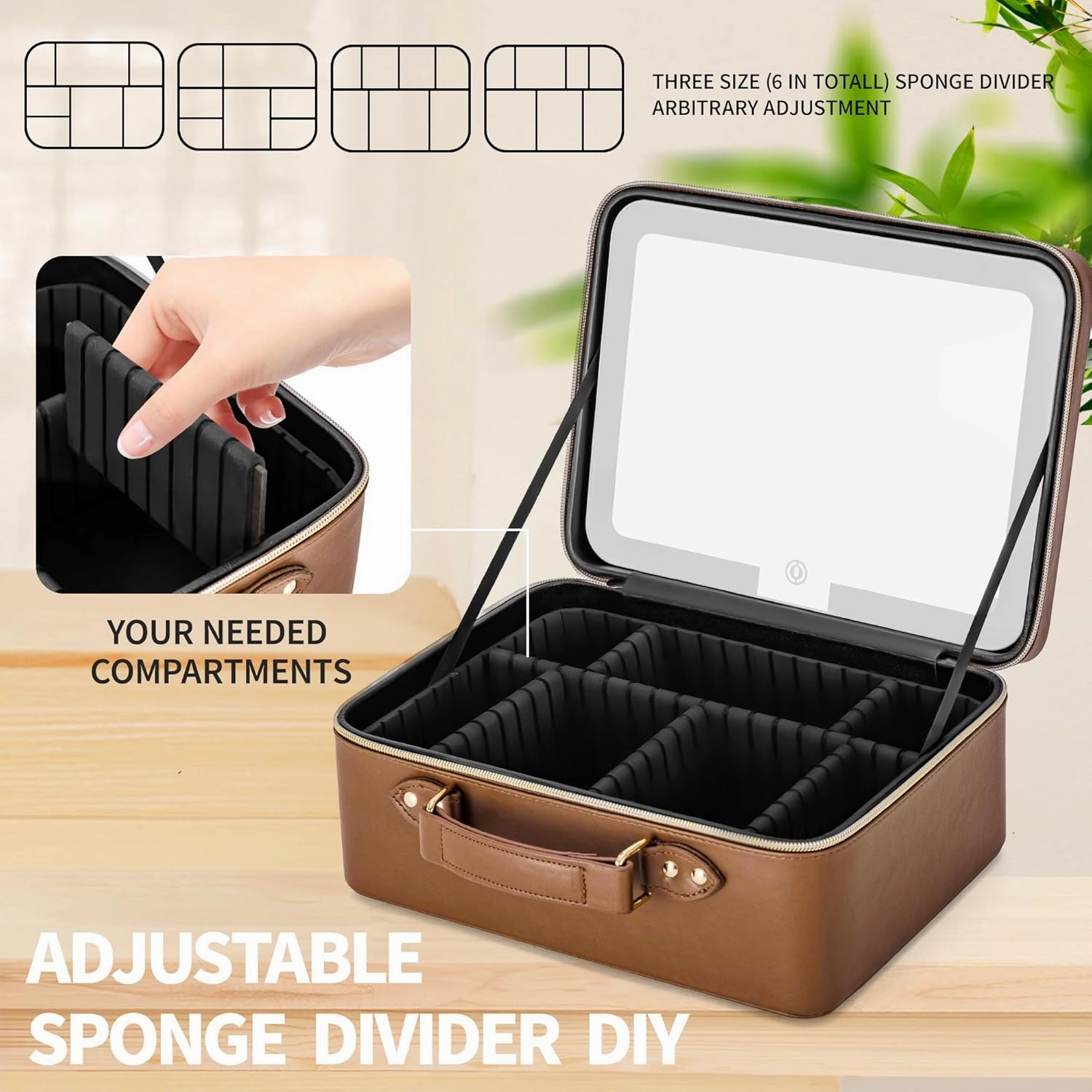 Makeup Bag with LDE Mirror- Portable Cosmetic Organizer for Travel Large Capacity Cosmetic Bag Storage Box (Brown)