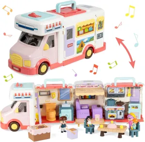 Marstone Doll House Toys for Girls 3 4 5 6 7 8  Year Old, Transformable Dream Camper House with Little People, Pretend Play RV Set Dollhouse Inertia Vehicle with Sound and Music for Birthday Gifts 3 