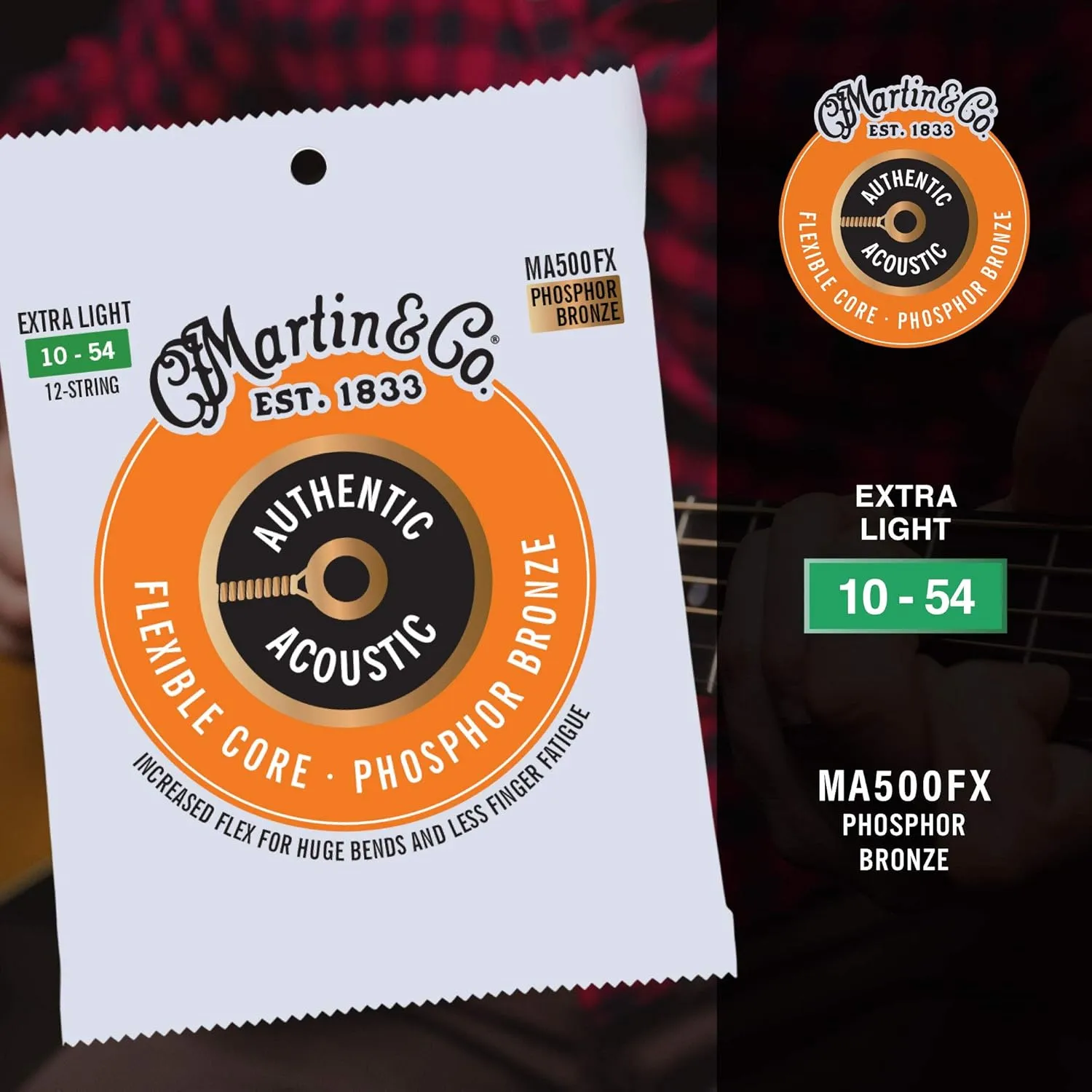 Martin Authentic Acoustic Guitar Strings, Flexible-Core Extra Light Set, 10-27, 10-54 92/8 Phosphor Bronze, 12 String