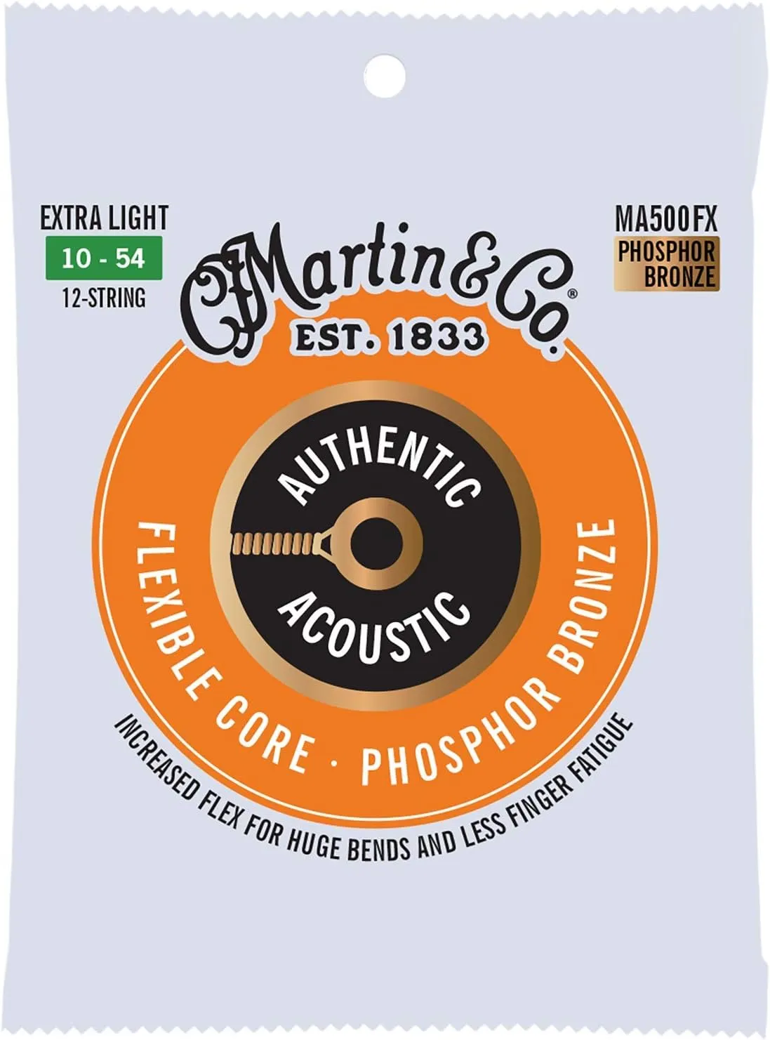 Martin Authentic Acoustic Guitar Strings, Flexible-Core Extra Light Set, 10-27, 10-54 92/8 Phosphor Bronze, 12 String