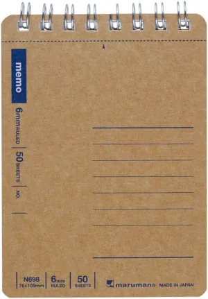 Maruman N698 Memo Pad, Twin Wire, 0.2 inches (6 mm), Ruled, Basic, A7, 50 Sheets, Set of 10