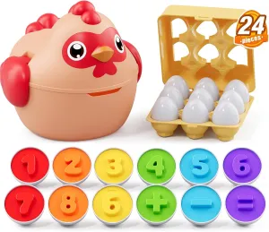 Matching Eggs for Toddlers 1-3, 24PCS Egg Toys/Eggs Holder, Chicken Montessori Geometric Learning Sensory Toys, Color Shape Sorting Puzzle Game Easter Gifts for Baby Boys Girls
