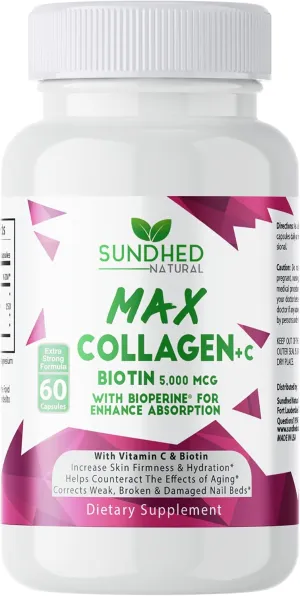 Max Collagen Plus C (60 caps) - All Natural Collagen Capsules with Biotin & Bioperine to Boost Anti Aging Hydration & Skin Firmness - Collagen Pills to Strengthen Bones & Nails