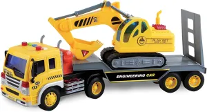 Maxx Action 17’’ Vehicle Transport with Excavator – Bright Lights and Construction Sounds | Friction Powered Trailer | 3 Piece Toy Playset for Kids | Yellow Construction Truck for Kids