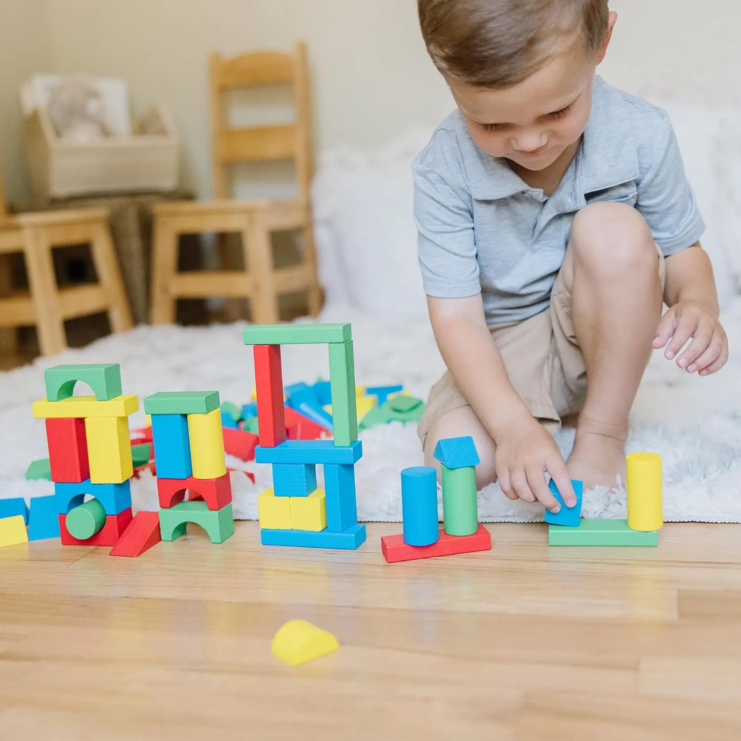 Melissa & Doug Wooden Building Blocks Set - 100 Blocks in 4 Colors and 9 Shapes Classic Kids Toys, Colored Wood For Toddlers Ages 2  - FSC-Certified