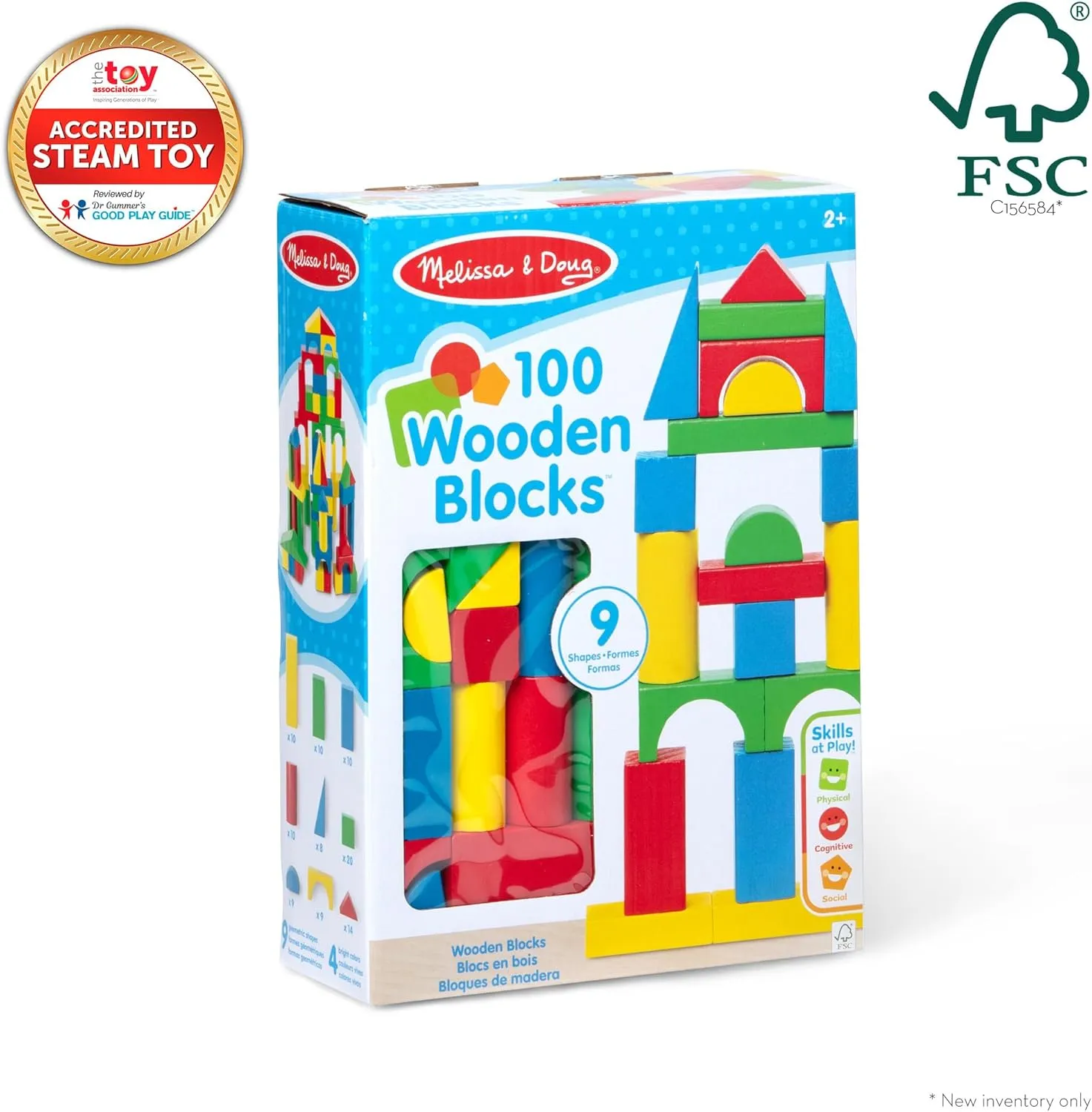 Melissa & Doug Wooden Building Blocks Set - 100 Blocks in 4 Colors and 9 Shapes Classic Kids Toys, Colored Wood For Toddlers Ages 2  - FSC-Certified