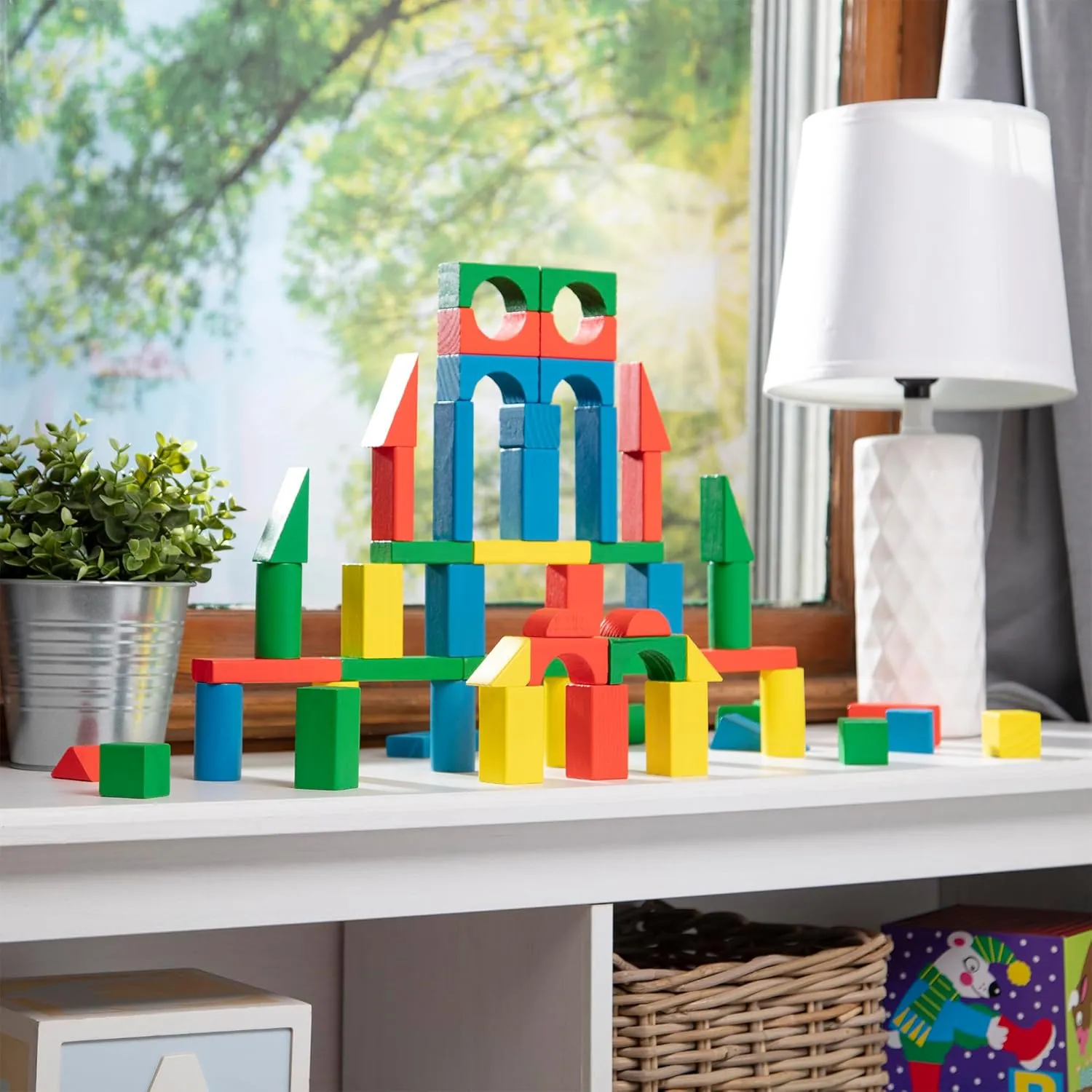 Melissa & Doug Wooden Building Blocks Set - 100 Blocks in 4 Colors and 9 Shapes Classic Kids Toys, Colored Wood For Toddlers Ages 2  - FSC-Certified