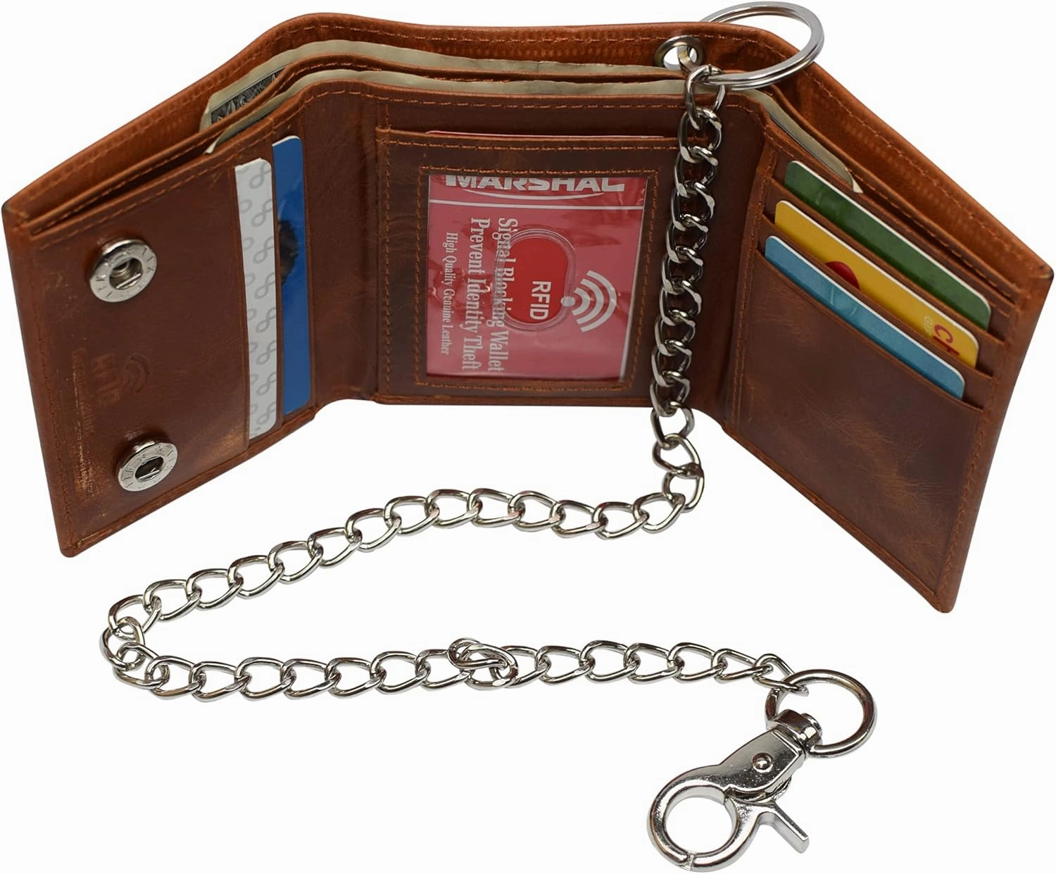 Men's RFID Blocking Trifold Vintage Leather Biker Chain Wallet With Snap Closure